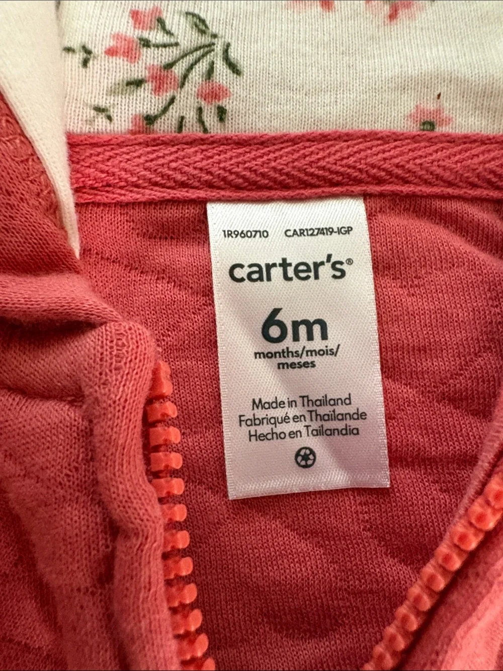 Carter's Coral Quilted Hooded Zip Jacket with Floral Lining
